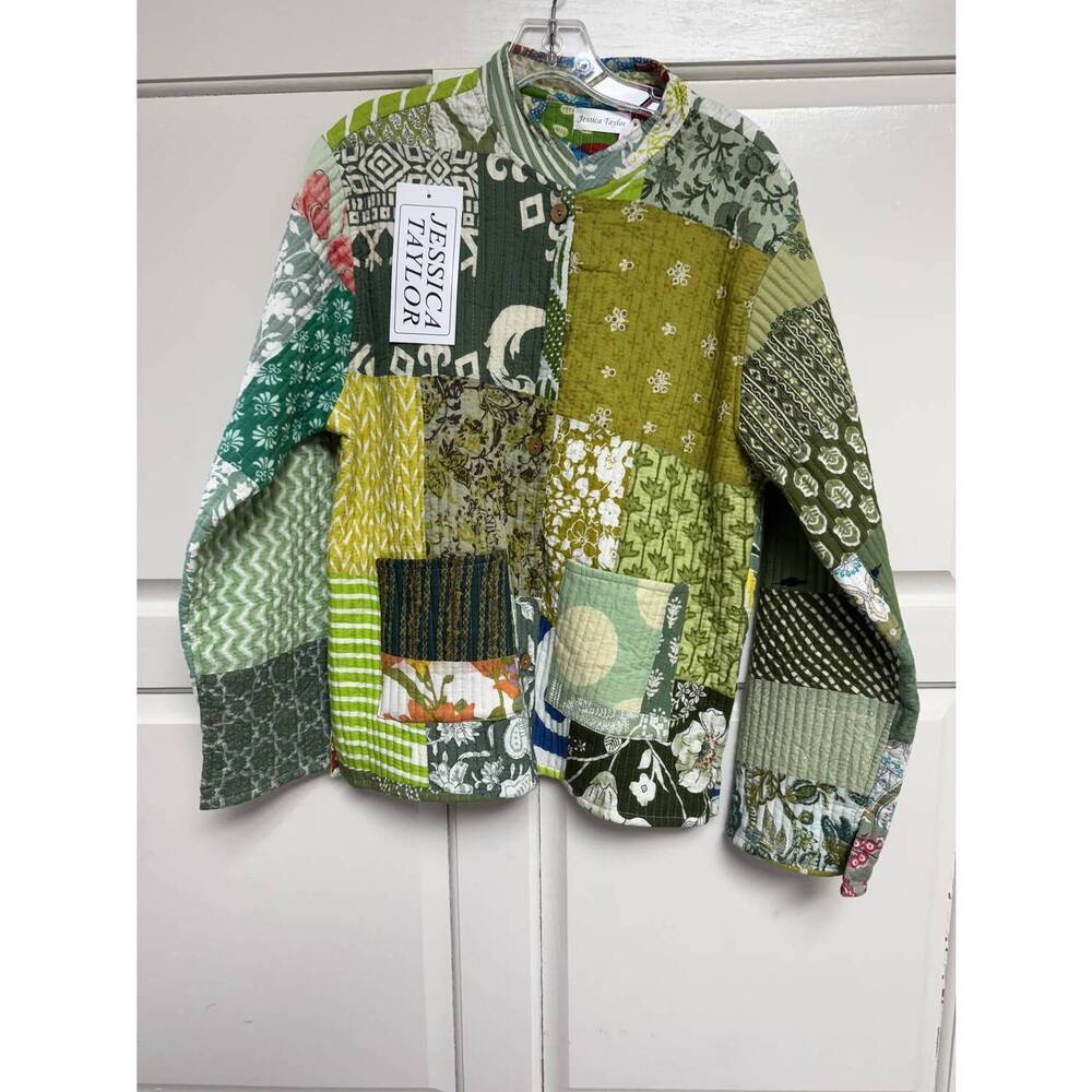 NEW JESSICA TAYLOR women's quilted jacket in multicolor with green